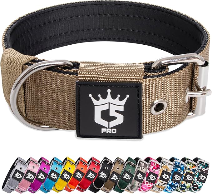 TSPRO Tactical Dog Collar 1.5 Inch Wide Thick Dog Collars with Heavy Duty Metal Buckle, Durable, Strong, Adjustable for Medium to Large Dogs (Khaki L)