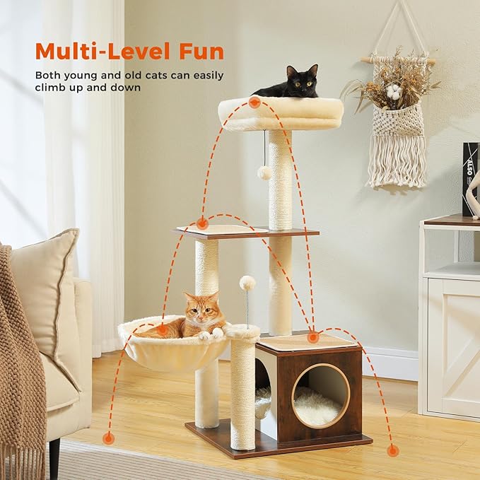 PEQULTI Modern Cat Tree for Indoor Cats,Multilevel Play House Cat Tower with Cat Condo, Scratching Post, Cozy Hammock and Plush Pompom, Brown