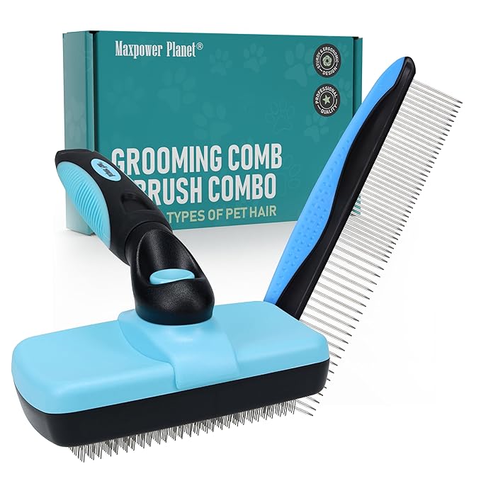 Maxpower Planet Pet Grooming Brush - Double Sided Shedding and Dematting Undercoat Rake Comb for Dogs and Cats,Extra Wide (C2 - Brush & Comb, Large)