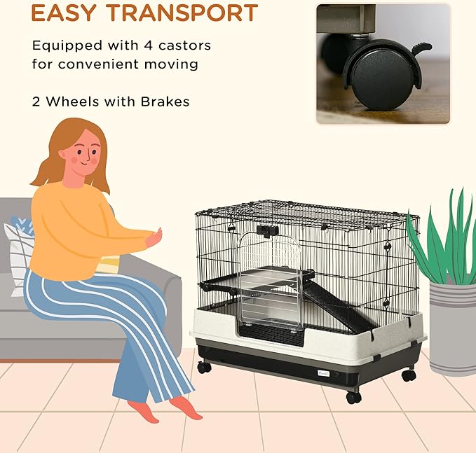 PawHut 26" Small Animal Cage with Wheels, 2-Level Portable Bunny Cage, Chinchilla Ferret Cage with Removable Tray, Platform and Ramp