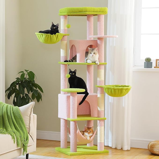 71.2" Large Cat Tree for Multi-Cat Households - Heavy-Duty 9-Level Cat Tower w/5 Sisal Scratching Posts, 2 Condos, 3 Hammocks, Extra-Large Perch & Pompoms - Space-Saving, Pink