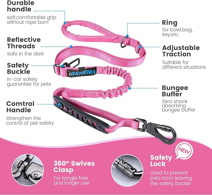 IOKHEIRA 6Ft /4Ft Dog Leash Rope for Large Dogs, Heavy Duty with Comfortable Padded Handle and Highly Reflective Threads,4-in-1 Multifunctional Dog Leashes with Car Seat Belt for Training (Pink)