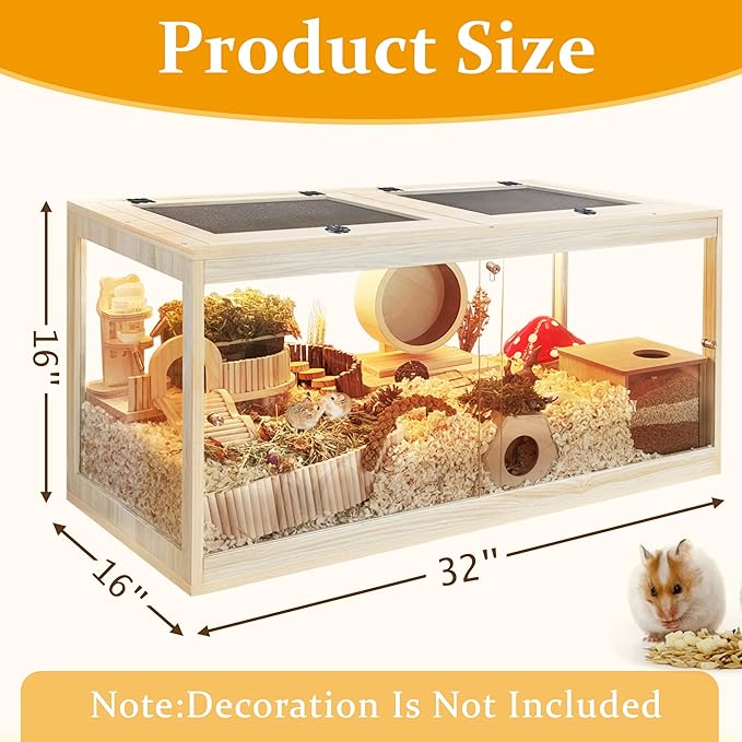 Prolee Hamster Habitat Chewproof,Wooden Hamster Cage with Openable Metal Mesh Top,Gerbil Cage with Lock Design for Hamster House (32"x16"x16")