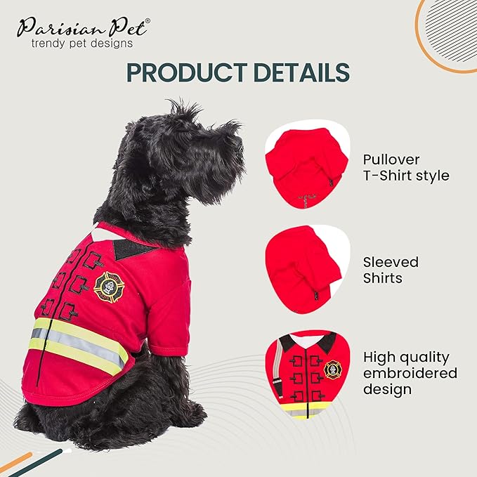 Parisian Pet Embroidered Firefighter Dog Costume - 100% Cotton & Polyester, Sleeved, Medium Dog Size, Red, Lightweight