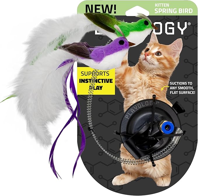 Playology Cat Toy Suction Cup Spring Bird Set | Interactive Toy with Lifelike Feather Birds & 2 Spring Replacements| Secure Suction Cup with Unpredictable Movement | Perfect for Active Indoor Cats