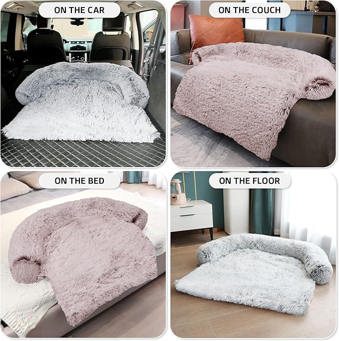 GGIB Calming Dog Bed Fluffy Plush Dog Mat for Furniture Protector with Removable Washable Cover for Large Medium Small Dogs and Cats (Large, Rust White)