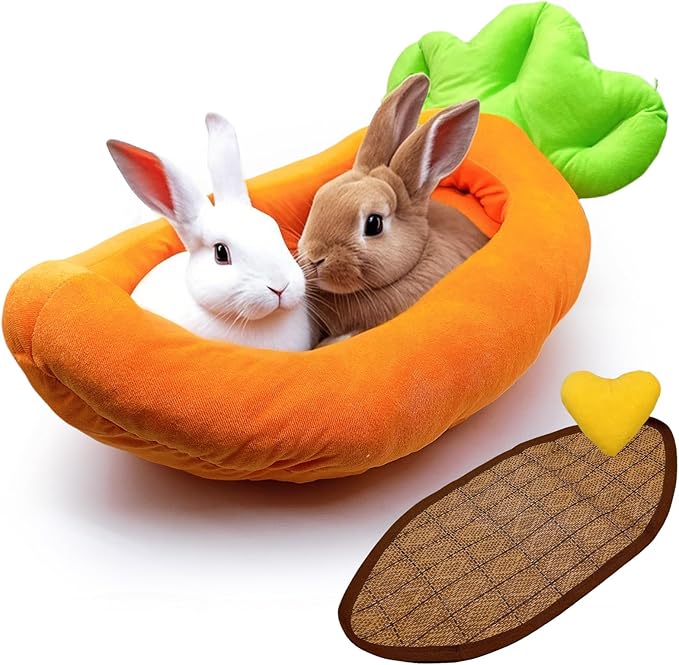 Rabbit Bed,Thick&Soft Bunny Bed with Removable Cushion,Machine Washable with Rattan Mat & Heart Decor,Cozy Warm Small Animal Sleeping Beds (Carrot Shape-L)