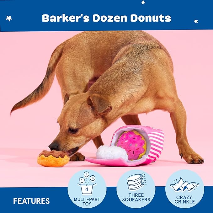 Barkbox Dog Toys – Barker’s Dozen Donuts Plush 4 in 1 Multi Part Interactive Dog Toy for Dogs & Puppies – Small