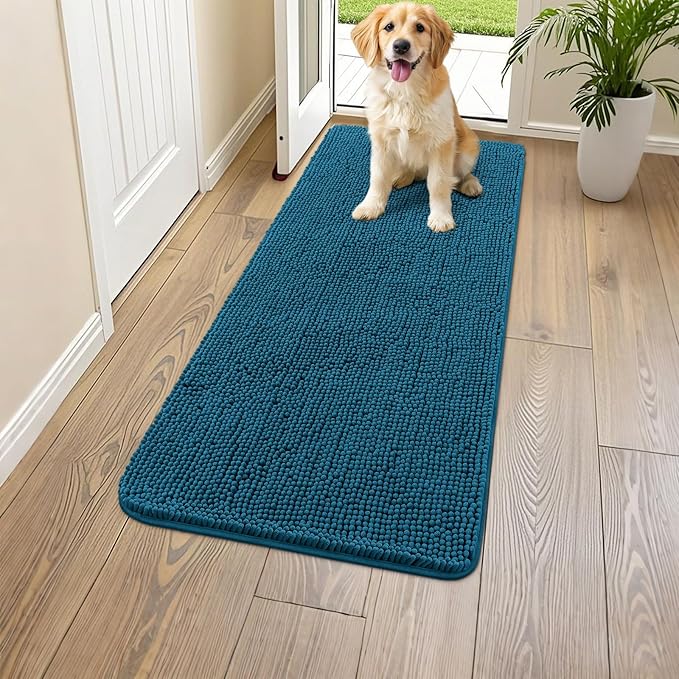 Smiry Dog Door Mat for Muddy Paws 47x24, Absorbs Moisture and Dirt Doormat, Non-Slip Washable Quick Dry Chenille Front Door Mat Indoor Entrance, Entryway Carpet for Inside Floor, Atlantic Blue