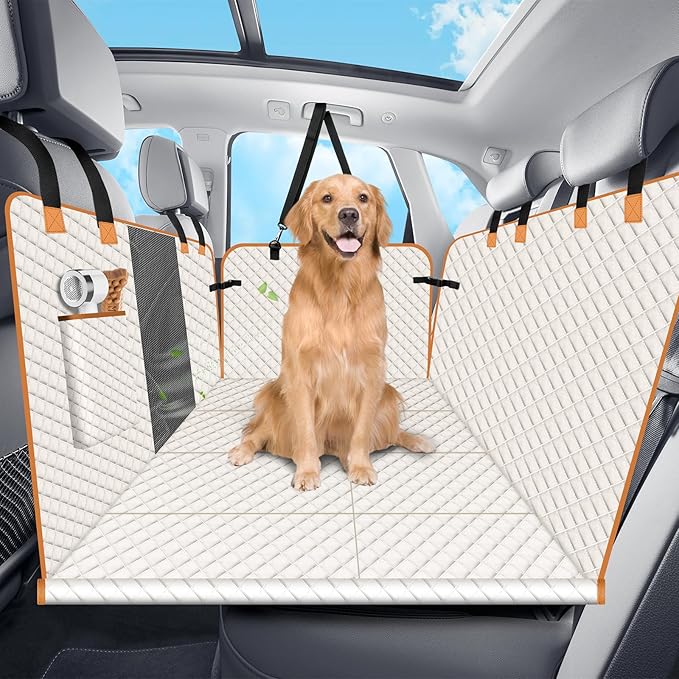 Dog Car Seat Cover for Back Seat, Dog Car Bed Cover with Strong Hard Bottom, Car Back Seat Extender Hammock for Car SUV Truck 4 Panels Beige Color