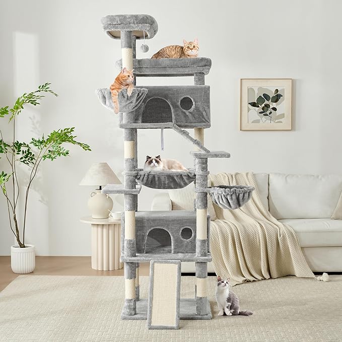 Cat Tree, 80-Inch Large Cat Tower with 9 Scratching Posts, 2 Perches, 2 Caves, 2 Basket, 2 Stairs, Extra Large Hammock, Pompoms, Multi-Level Plush Cat Condo for Indoor Cats/Light Grey