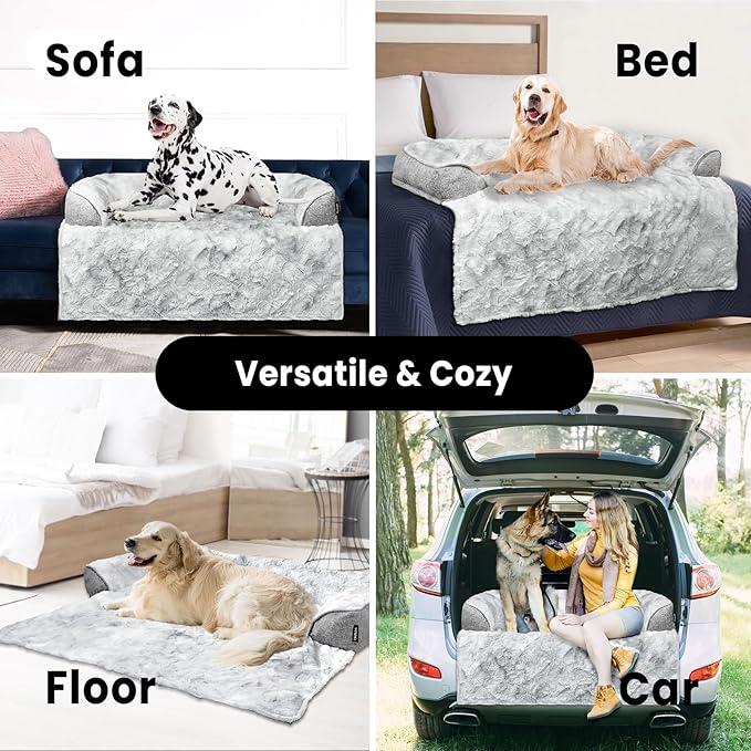 Calming Extra Large Dog Couch Bed for Dogs, 45 x 37 inch Waterproof Removable Pet Mat Couch Cover for Furniture Protector, Non-Slip Fluffy Pelsbarn Dog Bed for Couch, Sofa, Car - Tie-Dye Grey