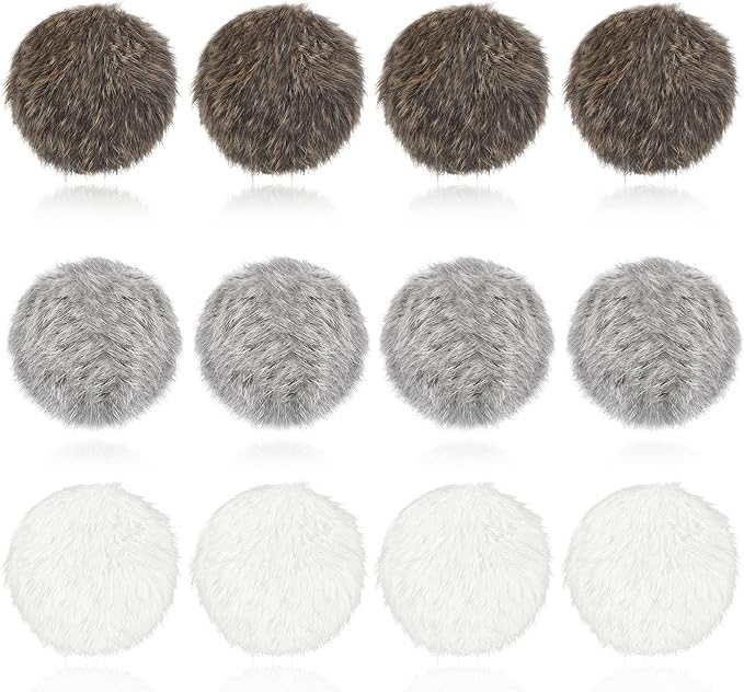 LEIFIDE 12 Pieces Real Rabbit Fur Pom Pom Kitty Cat Toy Fluffy Cat Balls Soft Fuzzy Balls for Kitty Pets Kitten Chase Quiet Play, 3 Inches in Diameter(Gray, Coffee, White)