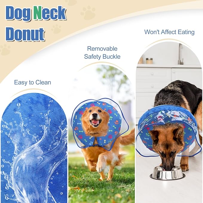 Inflatable Dog Cone Collar, Adjustable Size Soft PVC 2-in-1 Dog Donut Collar After Surgery with Detachable, Inflatable Collar for Small Medium Large Dogs and Cats (Blue, Medium)
