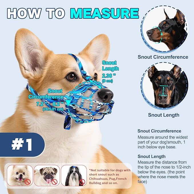 Basket Muzzle to Prevent Biting, Dog Muzzle for Large Medium Small Dogs Allows Panting Drinking Anti Chewing, Perfect for Grooming Trimming Training and Aggressive Reactive Dogs (Blue, Size 1)