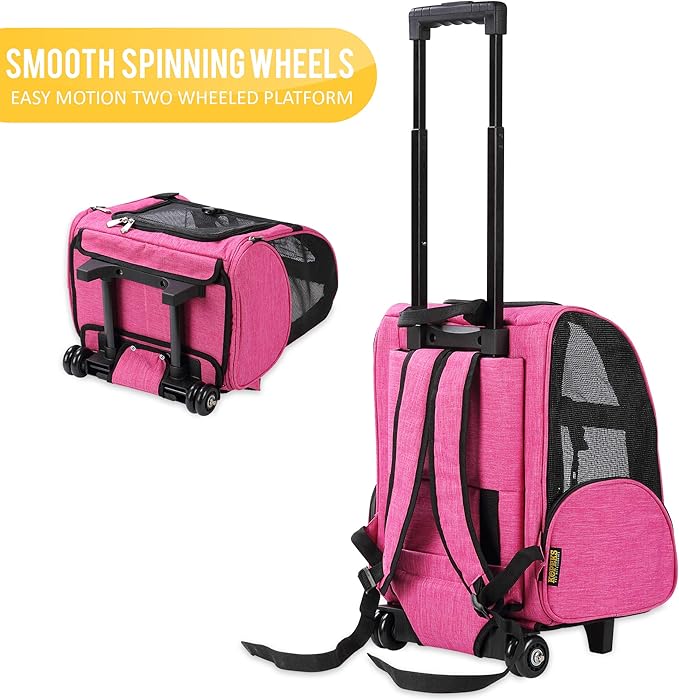 KOPEKS Deluxe Backpack Pet Travel Carrier with Double Wheels for Pets up to 18 Pounds - Pink