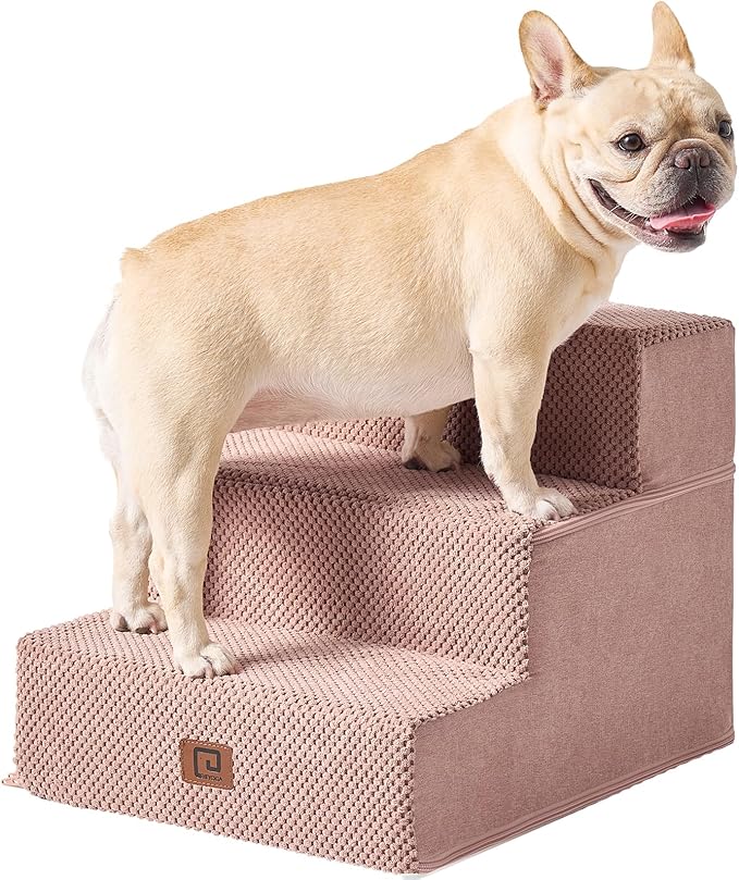 EHEYCIGA Dog Stairs for Small Dogs 13.5" H, 3-Step Dog Steps for Couch Sofa and Chair, Pet Steps for Medium Cats, Non-Slip Balanced Pet Ramp Indoor, Pink