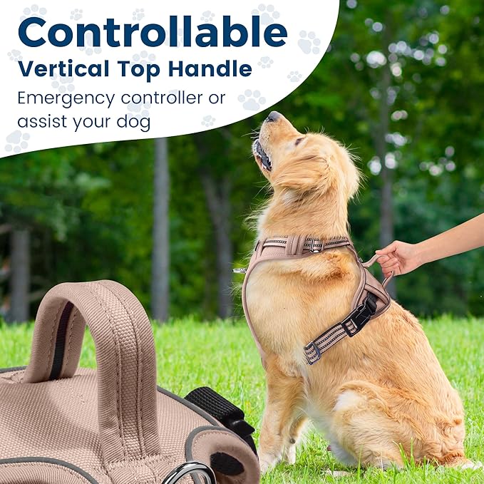 Funfox Dog Harness No Pull, Adjustable Pet Vest Harness, Super Soft Material with Vertical Handle Easy Control, Reflective Night Walking, 2 Leash Clips for Large Dogs, Brown, L