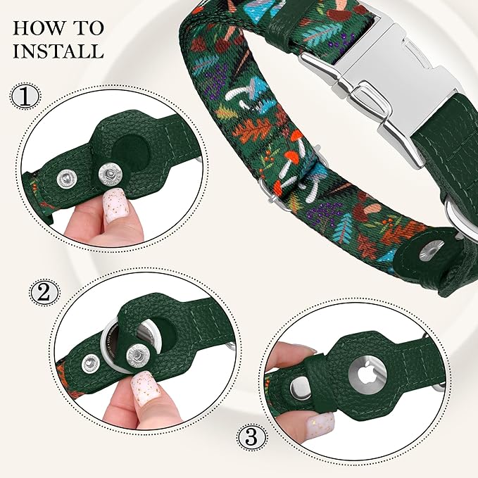 AirTag Dog Collar for Small Medium Large Breed - Adjustable Cute Pattern Dog Collar with Airtag Holder - Soft Leather Tracker GPS Apple Air Tag Pet Collars (Large, 17"-21" Neck Fit, Mushroom)