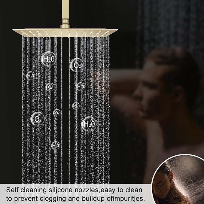 Temperature Display Brushed Gold Shower System Set, Push Button Shower Faucet with 12 inch Ceiling Mount Shower Head and 8 inch Wall Mount Shower Head, with Handheld Shower