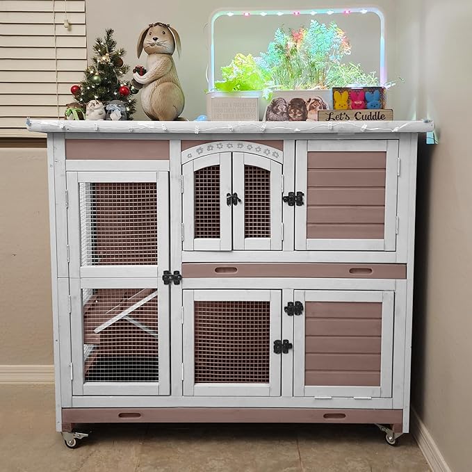Rabbit Hutch Indoor Bunny Cage Outdoor with Casters, Guinea Pig Cage for Small Animals, Bunny Hutch with Two Plastic Trays 47inch