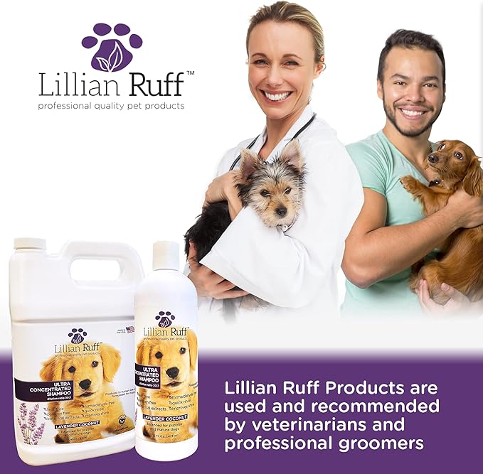 Lillian Ruff High Concentrate Professional Grooming Shampoo for Dogs with Hydrating Essential Oils – 30:1 Concentration for Bathing System - Clean, Condition, & Deodorize Dry, Sensitive Skin W/Brush