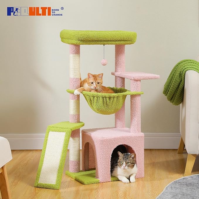 PEQULTI 36.5'' Cat Tree for Indoor Cats, Small Cat Tower with Large Condo, Cat Scratching Posts, Cozy Hammock and Scratching Ladder for Kittens, Pink