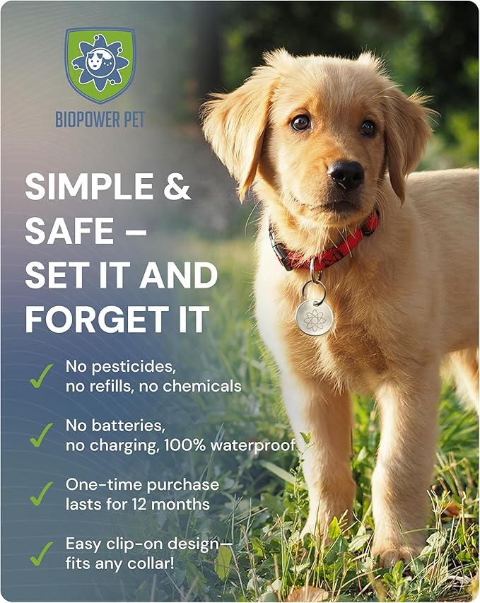 Natural Flea & Tick Repellent Collar Tag for Dogs & Cats – BioPower Pet Shield – Safe for Pets When Used as Directed – Lasts 1 Full Year - Small Tag (<10 Lbs)