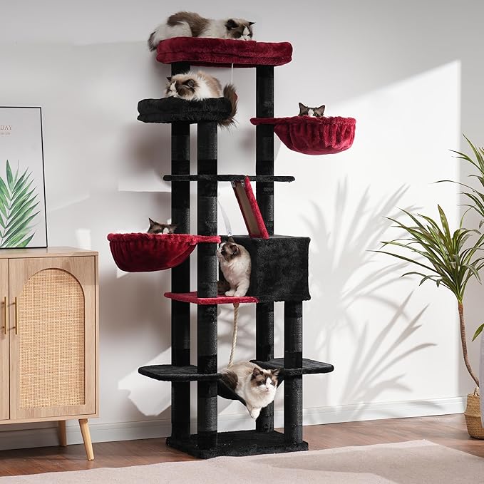 Heybly Cat Tree, 68 inch Multi-Level Cat Tower for Indoor Cats, 2 Widened Plush Perches Cat Condo with Scratching Board and Big Caves, Black and Red HCT025BR