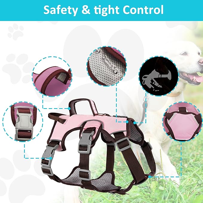 Escape Proof Dog Harness, No Pull Reflective Adjustable Vest with Easy Control Lift Handle, No Choke Soft Padded Breathable Full Body Pet Harness for Walking Hiking and Training (Pink, Small)
