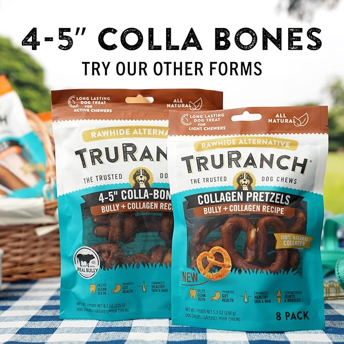 4-5" Collagen Bones, Bully - Collagen Dog Bones - Long Lasting Healthy Joint Support - Rawhide Alternative - Skin & Coat Health, Value Pack, 15 Bags, 60 Count