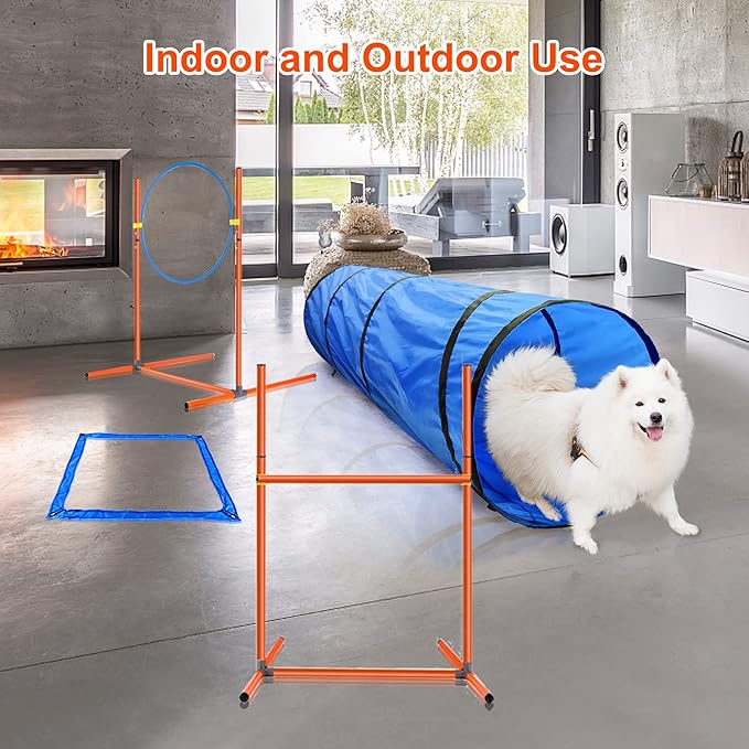 Dog Agility Training Equipment, Obstacle Agility Training Starter Kit for Doggie, Including Tunnel, 27 Weave Poles, Adjustable Hurdle, Jump Ring, Pause Box and Carrying Bag(Blue,L)