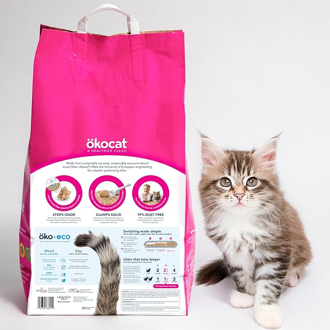 ökocat Super Soft Wood Clumping Cat Litter, Unscented, 10.6 pounds - Natural Ingredients, Stops Odor, Clumps Solid, 99% Dust Free, Great for All Cats, Sensitive Paws, Kittens
