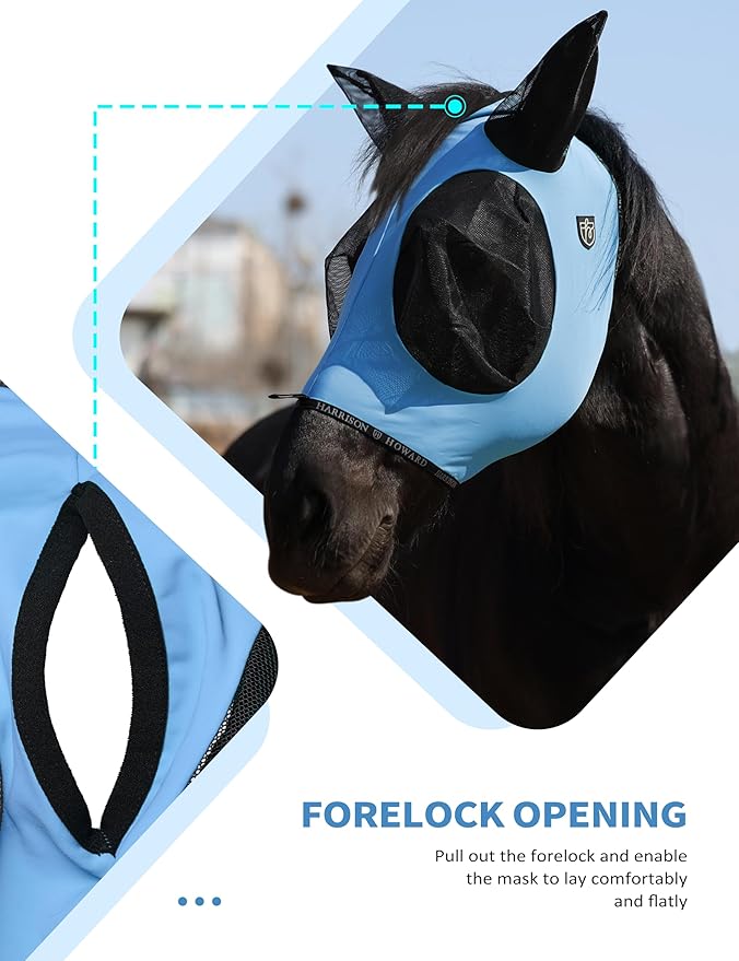 Harrison Howard Horse Fly Mask with Forelock Opening Stretch Breathable and Comfortable for Horses UV -Protection Ice Blue L