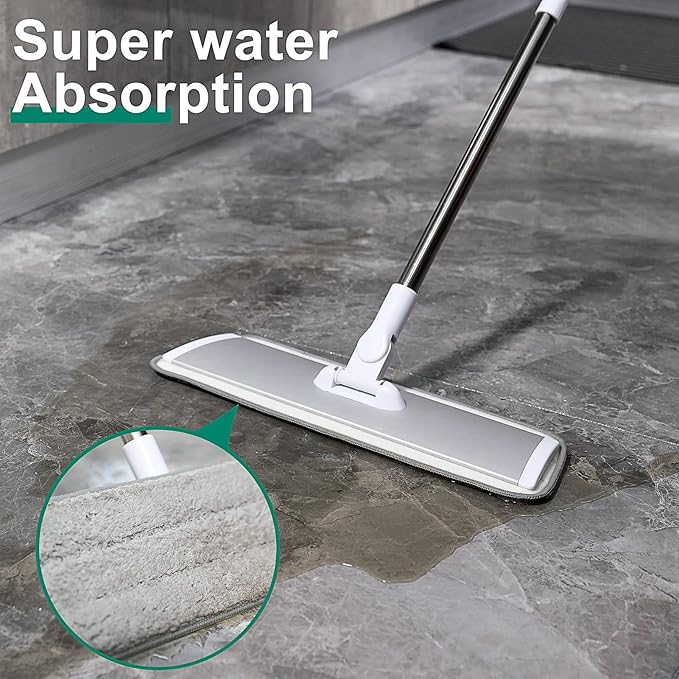 18" Professional Microfiber Mop Floor Cleaning System, Flat Mops with Stainless Steel Handle, 4 Reusable Washable Mop Pads, Wet and Dust Mopping for Hardwood, Vinyl, Laminate (White&Grey)