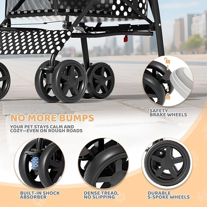 Magshion Compact Pet Stroller for Small-Medium Dogs/Cats up to 22lbs, 4-Wheel Lightweight Umbrella Shaped Portable Puppy Travel Jogger with Breathable Mesh, Cup Holder & Rear Storage, Black Polka Dots