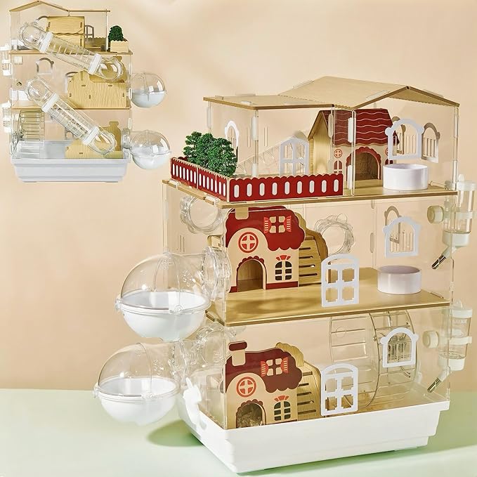 17 in 1 Clear Acrylic Hamster Cage with All Accessories,13.5''L* 10''W* 21''H Dwarf Hamster Cage,Magnetic Connection Small Hamster Enclosure,Garden Style Wooden Mouse Cage for Pet Mice(3-Layer,White)