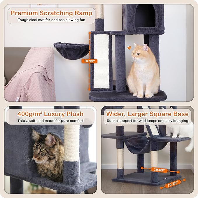 Ouritsu Cat Tree, 61 inch Tall Cat Tower for Large Cat Indoor, Enlarged Condo, 2 Padded Perches with 1 Widened, Large Hammock, Scratching Post and ramp, Fluffy Basket, Dark Gray, LF002DG