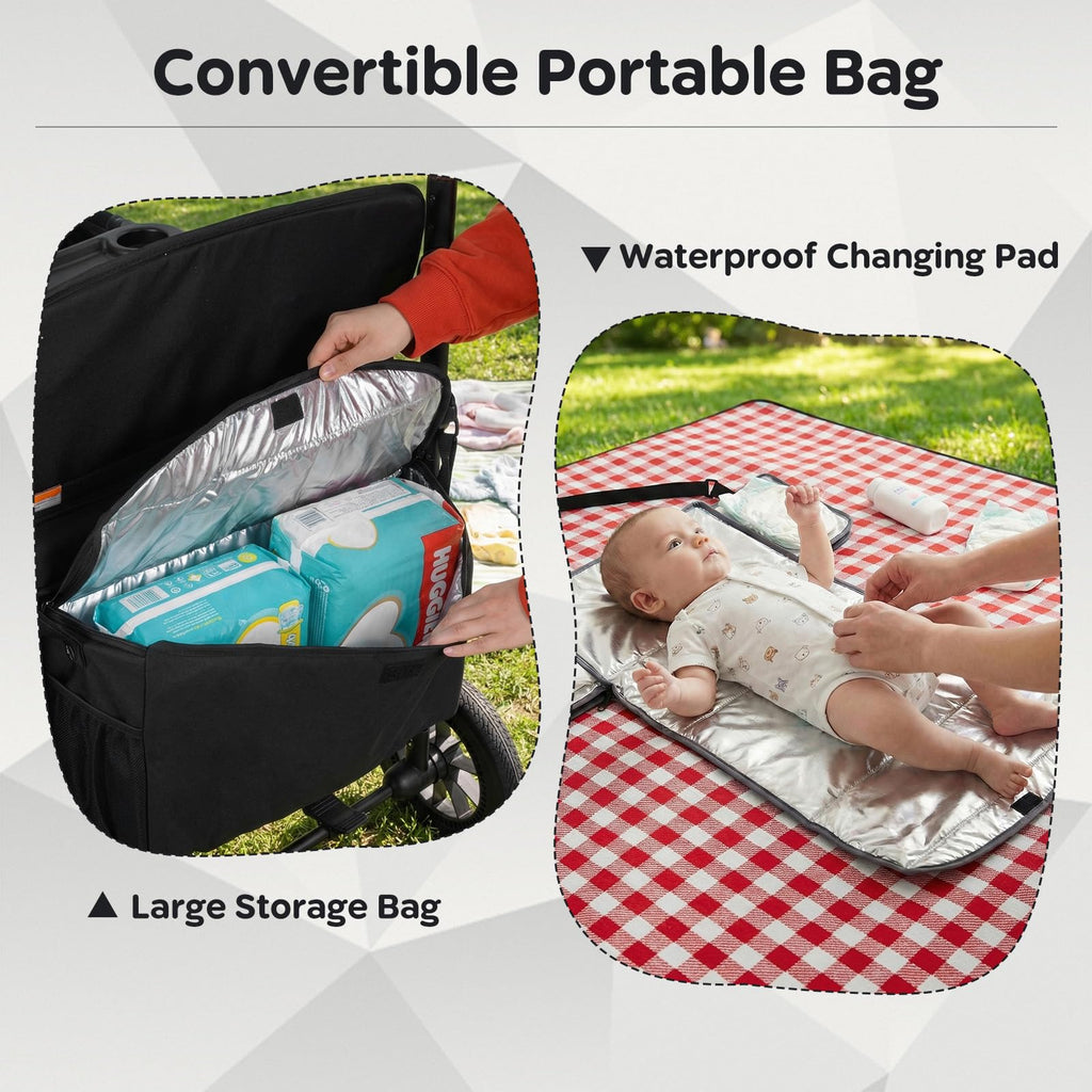 BABY JOY Wagon Stroller for 4 Kids, Foldable Stroller Wagon with Removable Canopy, Adjustable Handle, Snack Tray, Parent Organizer, 5-Point Safety Harness, Convertible Diaper Bag/Changing Pad (Black)