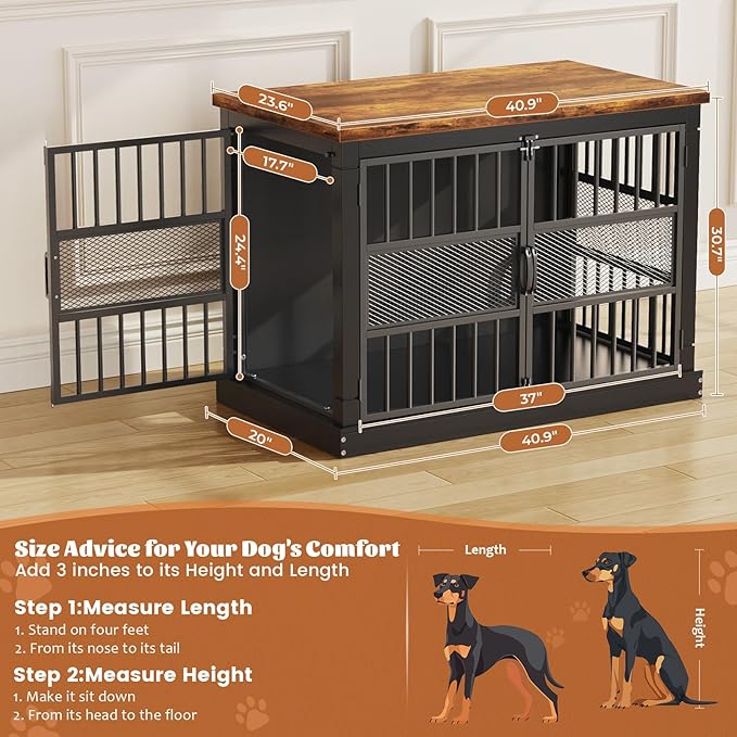 VOPEAK 40" Dog Crate Furniture, Chew Resistant Dog Crate for Dogs, Heavy Duty Dog Crates Dog Kennel Cage Indoor with Double Doors, End Table for Bedroom Living Room, Black
