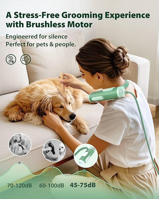 L&W BROS. Hands-Free Dog Dryer – Powerful & Professional Pet Blow Dryer for Small & Medium Dogs & Cats, Adjustable Airflow, Easy Storage, Negative Ion Technology (Green)