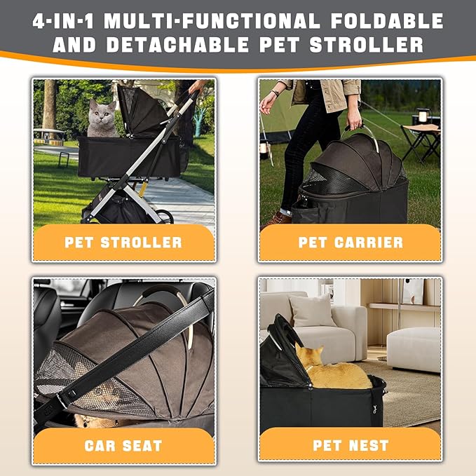 Pet Stroller for Small & Medium Dogs Cats up to 55 lbs 4-in-1 Foldable Travel Pet Stroller with Detachable Carrier Lightweight All-Terrain Spring Damping,Car Seat,Sun Canopy,Khaki