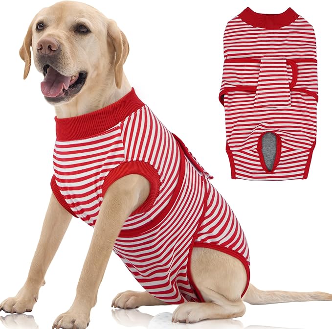 FUAMEY Dog Recovery Suit Male,Dogs Surgery Neuter Suits Puppy Spay Shirts for Female Protect Dog's Skin Anti Licking Abdominal Wounds Doggie Onesie Pet Bodysuit Alternative to Cone Red Stripes XL