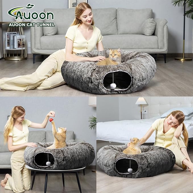 AUOON Cat Tunnel Bed - Cat Donut Tunnel with Soft Plush Circle Cushion for Indoor Cats Kitten Kitty Puppy Rabbit Ferret (Brown)