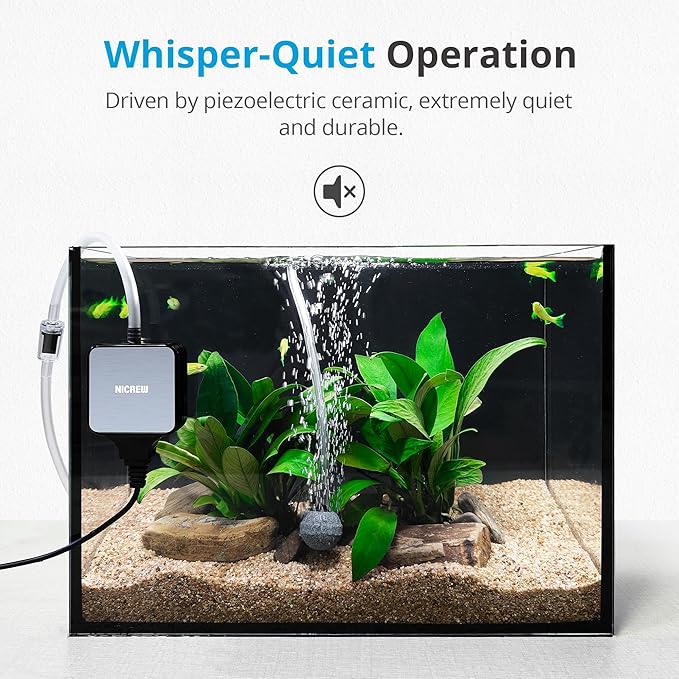 NICREW Nano Silent Aquarium Air Pump Black, Aquarium Aerator with Accessories for Up to 10 Gallon Fish Tank, Super Quiet, 0.3 L/min, 1.5 Watts