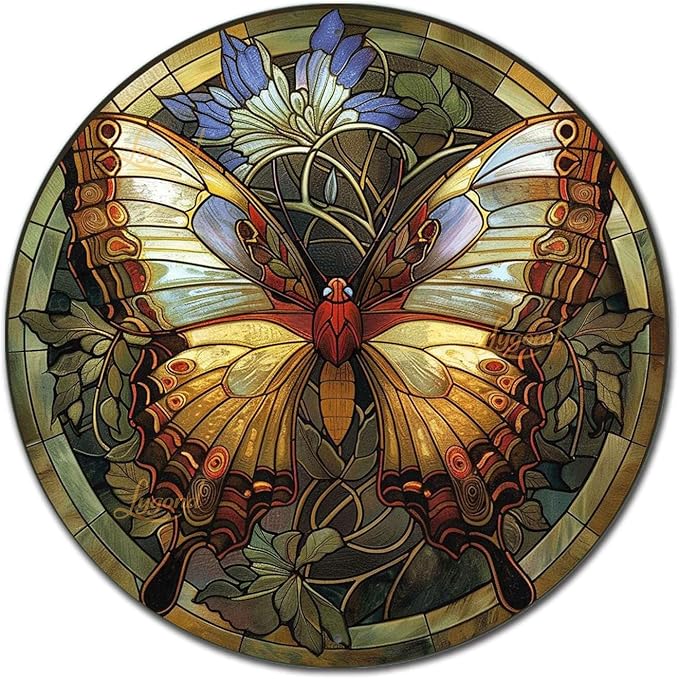 Lygond Metal Sign Tin Sign Circular Stained Glass Butterfly Tin Sign Gift for Garage 12×12 Inches