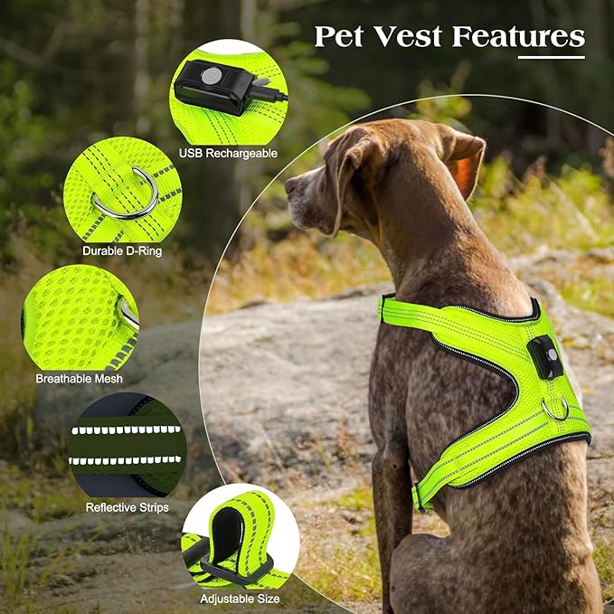 Light Up Dog Harness, Rechargeable LED Dog Harness with Battery Level Indicator, Adjustable Reflective Safety Vest for Night Walking, Soft Mesh Lighted Harness for Medium Large Dogs(5-90lbs)