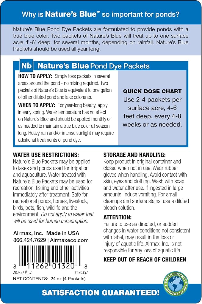 Airmax Pond Dye Packets Nature's Blue Colorant for Large Pond & Lake, Beneficial UV Blocking Color Concentrate, Maintain Clean & Clear Water, Fish Safe, Easy Treatment, 2 Soluble Packets