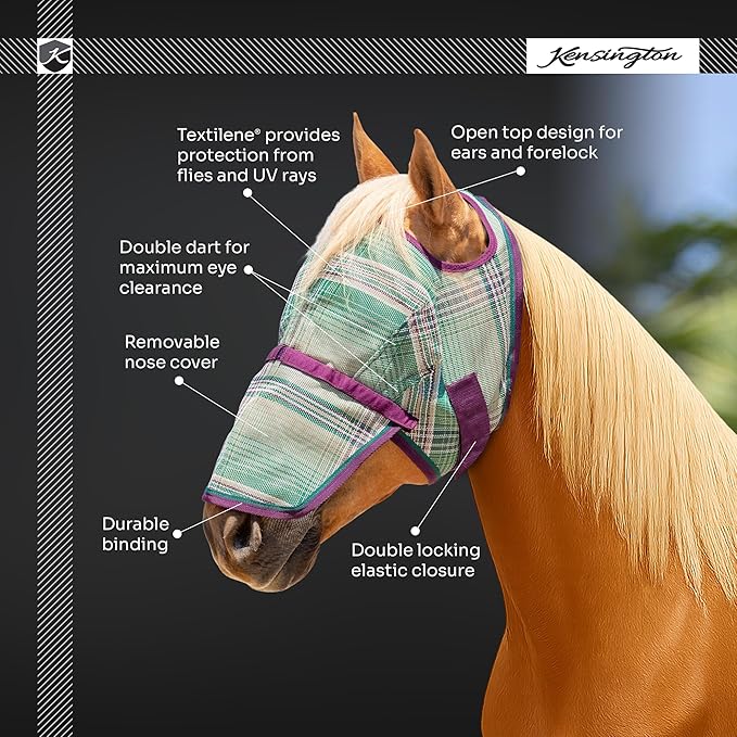 Kensington Signature Fly Mask with Removable Nose — Protects Horses Face and Nose from Biting Insects and UV Rays While Allowing Full Visibility — Ears and Forelock Able to Come Through The Mask