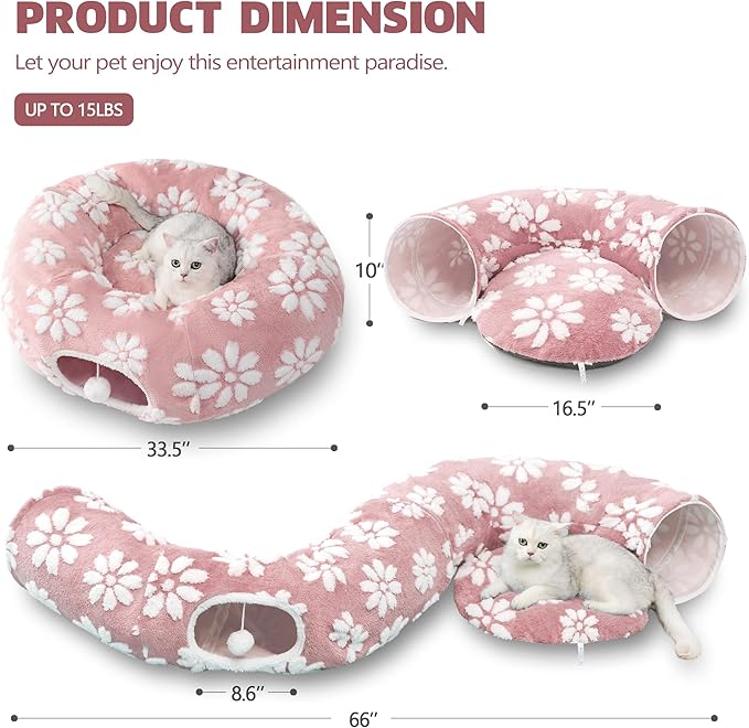 Cat Tunnel for Indoor Cats, Cute Peekaboo Cat Cave with Dangling Balls, Pet Donut Tunnel Bed with Circle Mat for Puppy Kitten Rabbit, Pink